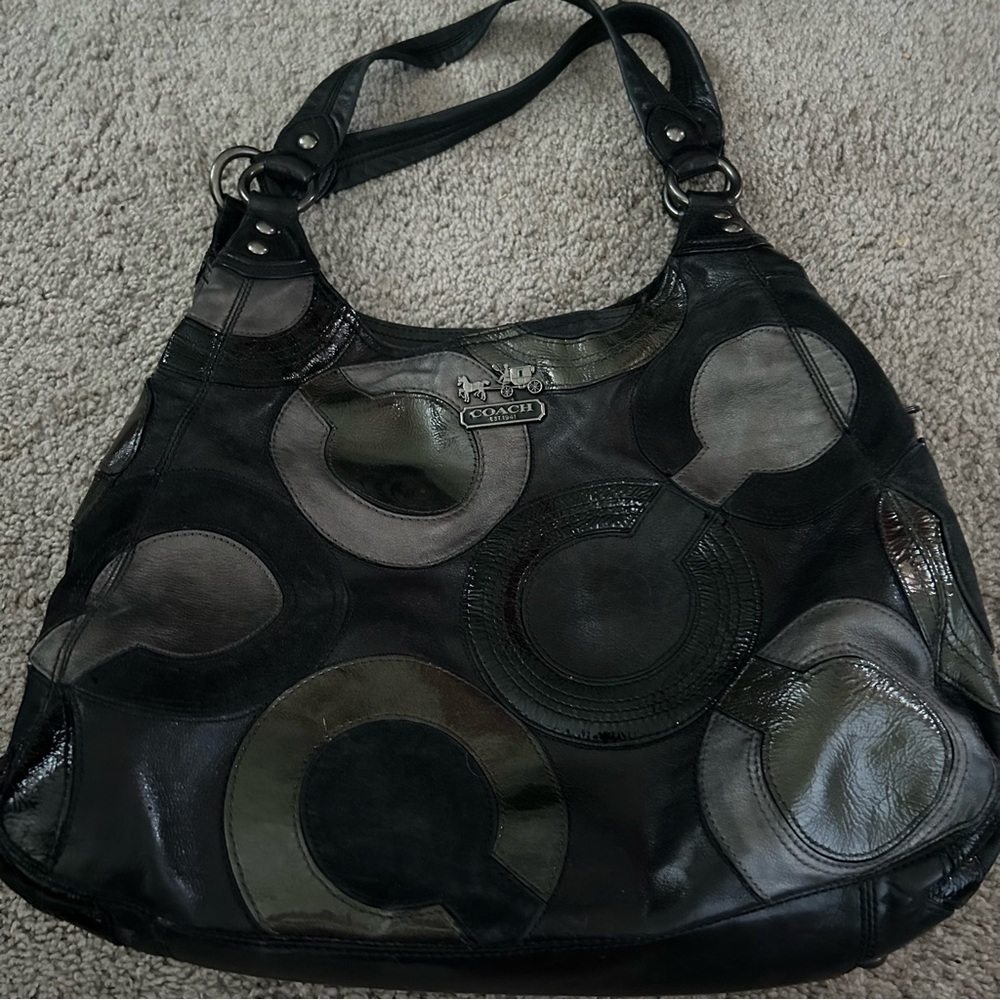 Coach Inlaid Op Art Suede & Leather Maggie Hobo Shoulder Bag 14298